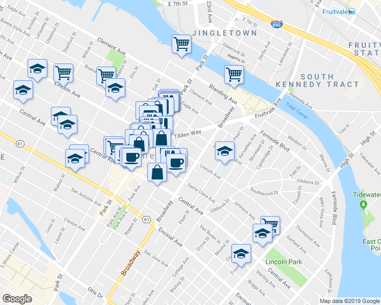map of restaurants, bars, coffee shops, grocery stores, and more near 2525 Lincoln Avenue in Alameda