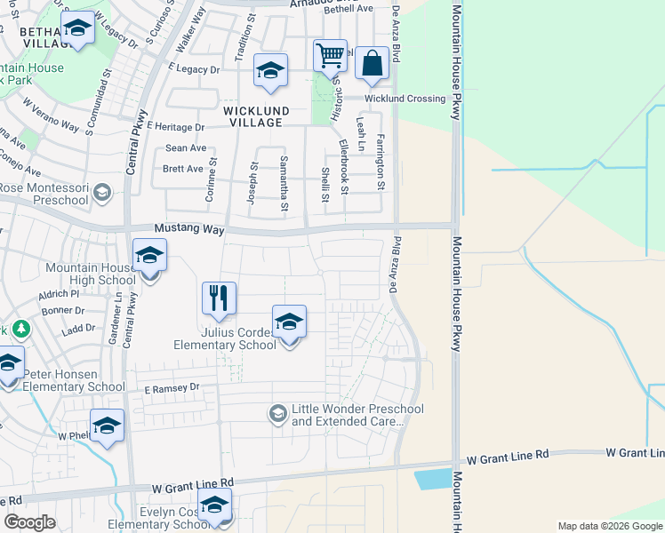 map of restaurants, bars, coffee shops, grocery stores, and more near 435 Albertina Avenue in Mountain House