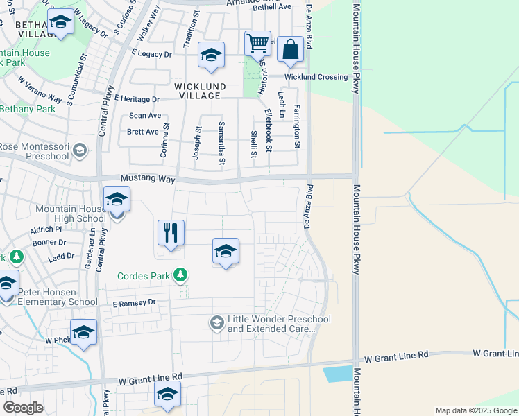map of restaurants, bars, coffee shops, grocery stores, and more near 435 Albertina Avenue in Mountain House