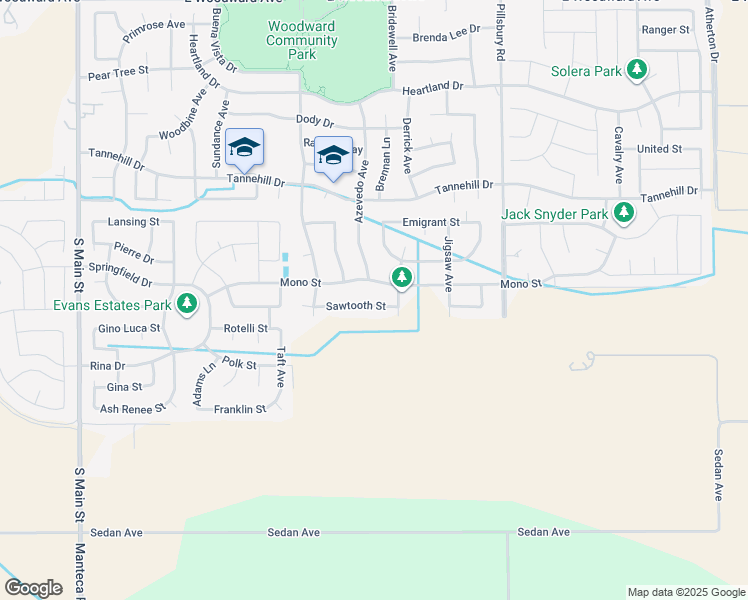 map of restaurants, bars, coffee shops, grocery stores, and more near 813 Sawtooth Street in Manteca