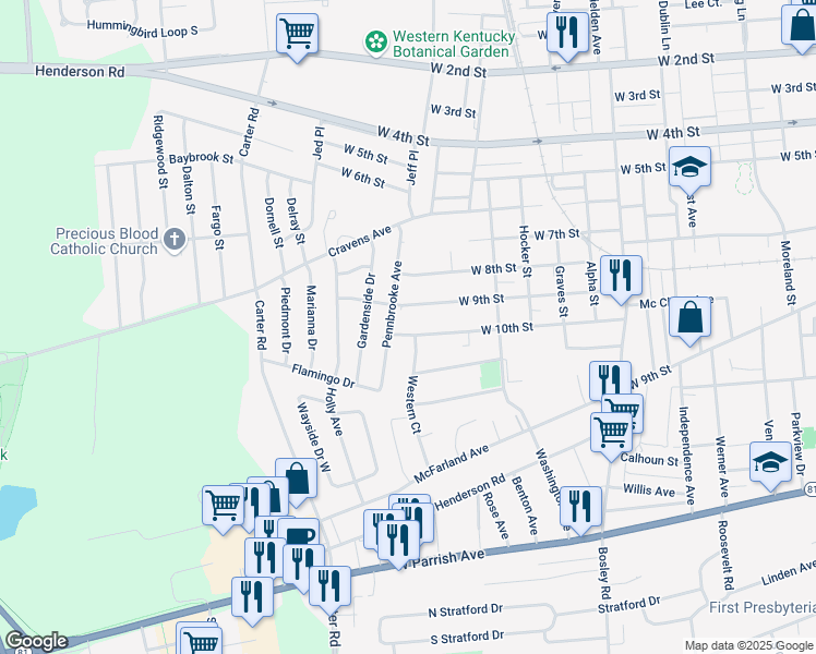 map of restaurants, bars, coffee shops, grocery stores, and more near 2721 West 10th Street in Owensboro