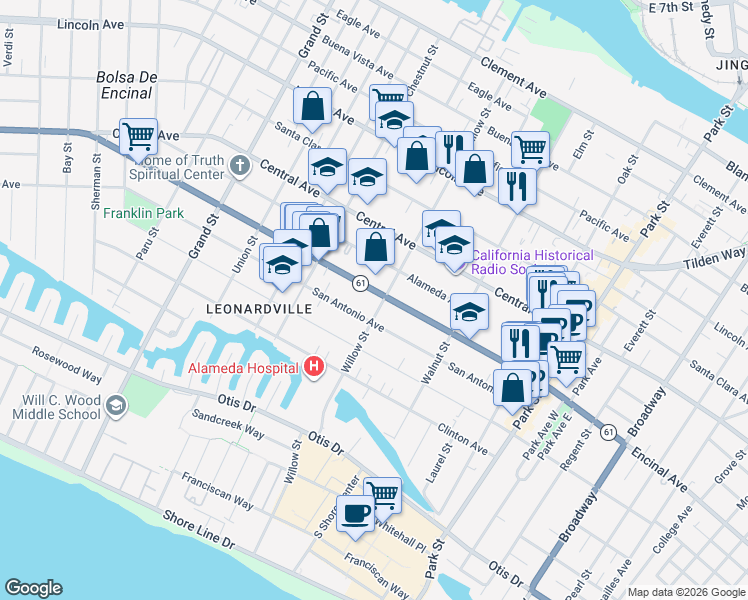 map of restaurants, bars, coffee shops, grocery stores, and more near 2064 Encinal Avenue in Alameda