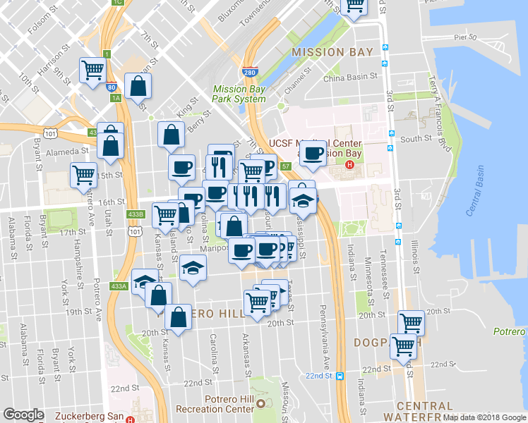map of restaurants, bars, coffee shops, grocery stores, and more near 1300 17th Street in San Francisco