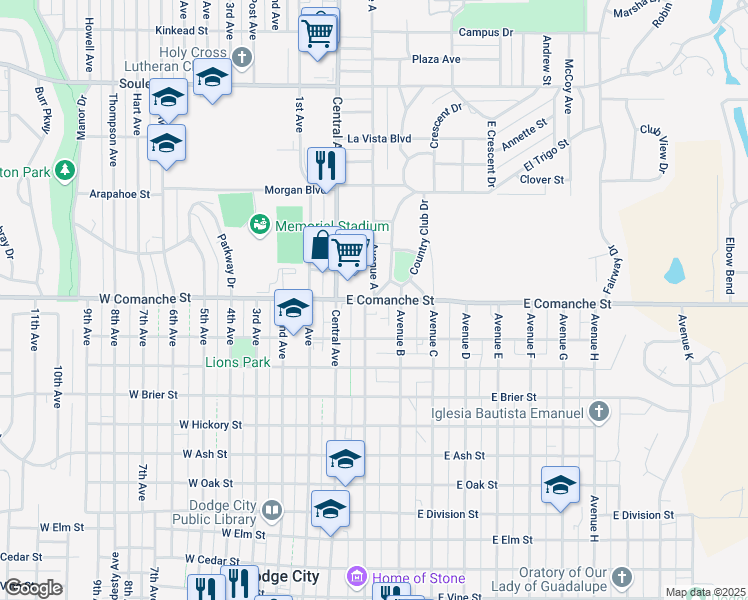 map of restaurants, bars, coffee shops, grocery stores, and more near 224 East Comanche Street in Dodge City