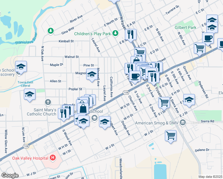 map of restaurants, bars, coffee shops, grocery stores, and more near 171 California Avenue in Oakdale