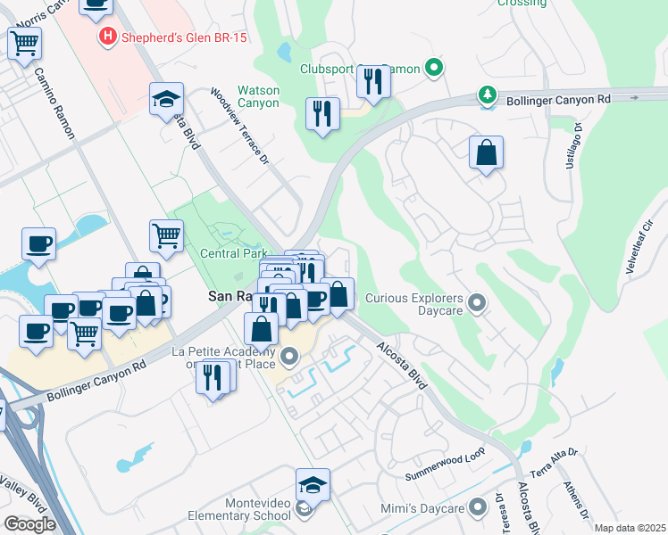 map of restaurants, bars, coffee shops, grocery stores, and more near 401 Canyon Woods Place in San Ramon
