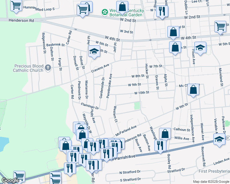 map of restaurants, bars, coffee shops, grocery stores, and more near 2721 West 10th Street in Owensboro