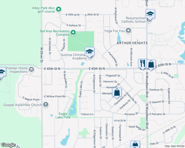 map of restaurants, bars, coffee shops, grocery stores, and more near 4570 Eagle Lake Drive in Bel Aire