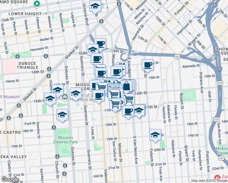 map of restaurants, bars, coffee shops, grocery stores, and more near 1979 Mission Street in San Francisco