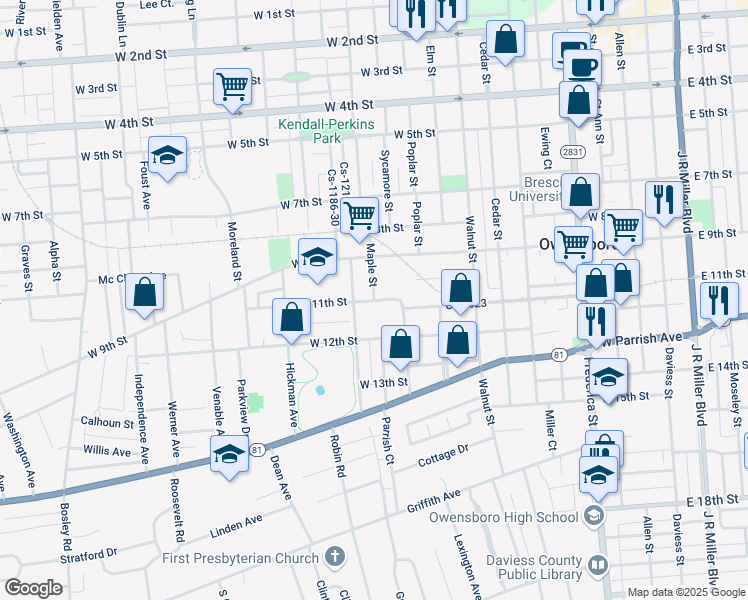 map of restaurants, bars, coffee shops, grocery stores, and more near 1099 West 11th Street in Owensboro