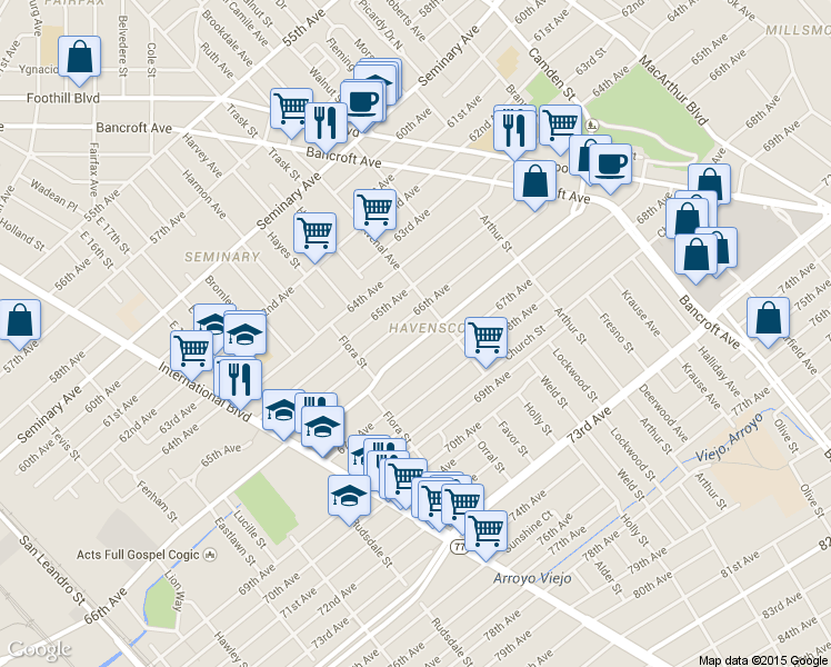 map of restaurants, bars, coffee shops, grocery stores, and more near 2251 Havenscourt Boulevard in Oakland