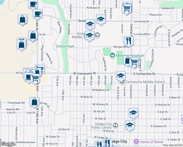 map of restaurants, bars, coffee shops, grocery stores, and more near 714 West Comanche Street in Dodge City