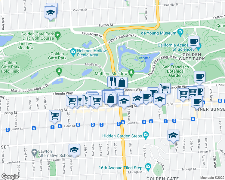 map of restaurants, bars, coffee shops, grocery stores, and more near Lincoln Way & 20th Ave in San Francisco