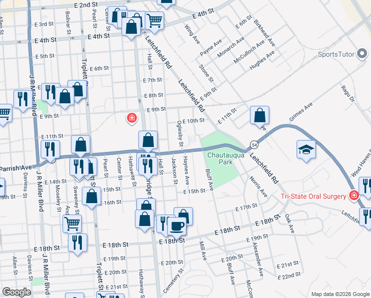 map of restaurants, bars, coffee shops, grocery stores, and more near 1405 East Parrish Avenue in Owensboro