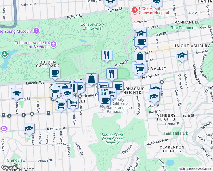 map of restaurants, bars, coffee shops, grocery stores, and more near 1242 2nd Avenue in San Francisco