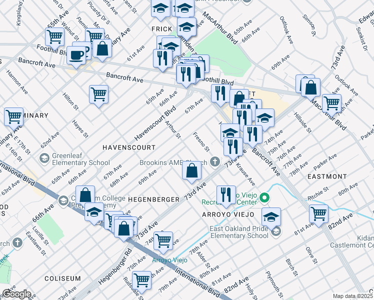 map of restaurants, bars, coffee shops, grocery stores, and more near 2132 69th Avenue in Oakland