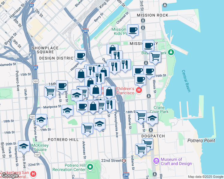 map of restaurants, bars, coffee shops, grocery stores, and more near 98 Pennsylvania Avenue in San Francisco
