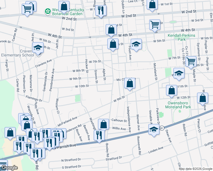 map of restaurants, bars, coffee shops, grocery stores, and more near 2020 West 10th Street in Owensboro