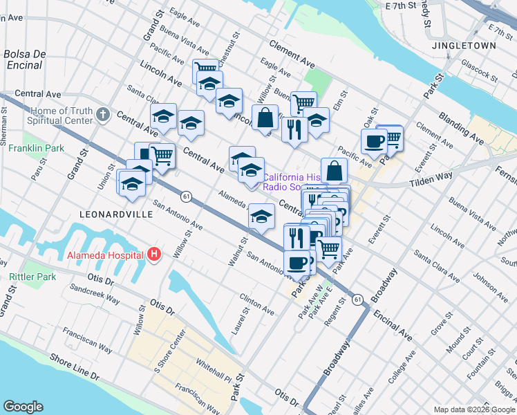 map of restaurants, bars, coffee shops, grocery stores, and more near 1301 Walnut Street in Alameda