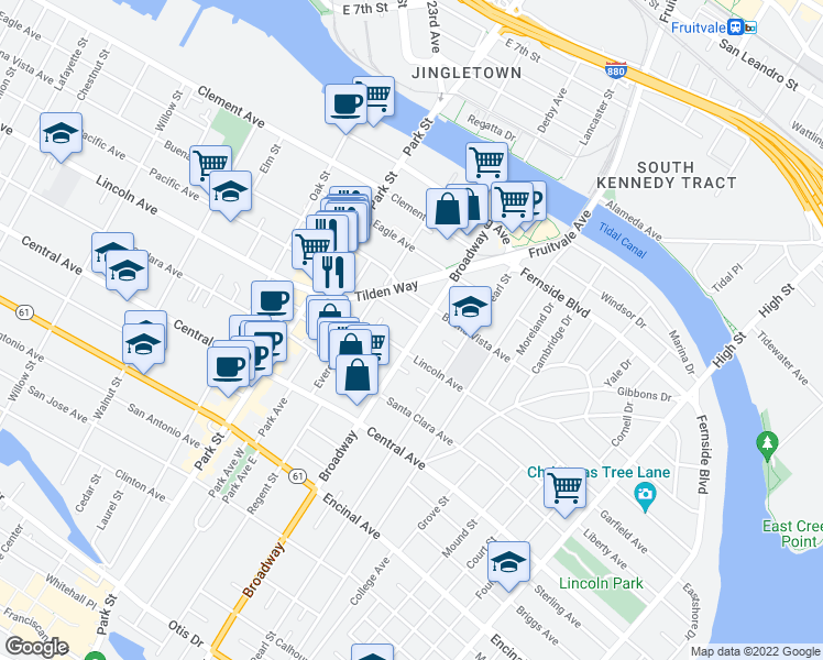 map of restaurants, bars, coffee shops, grocery stores, and more near 1621 Broadway in Alameda