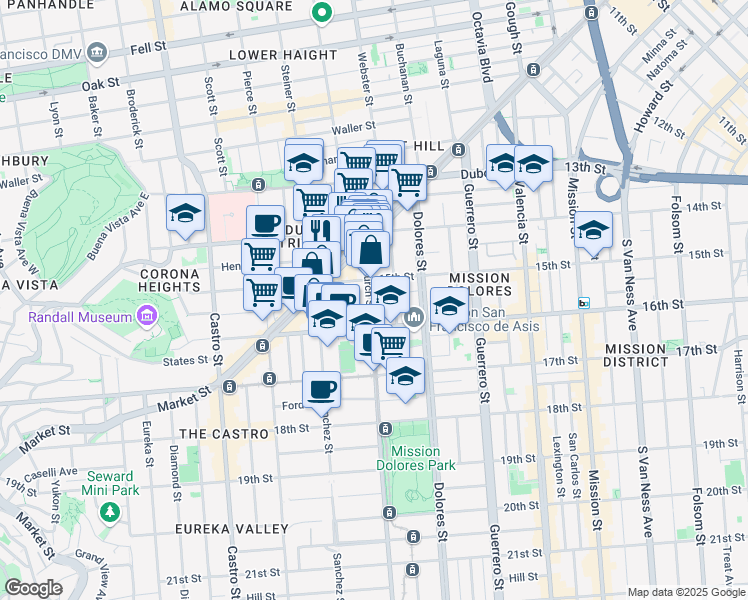 map of restaurants, bars, coffee shops, grocery stores, and more near 345 Church Street in San Francisco