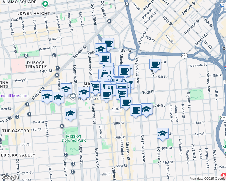map of restaurants, bars, coffee shops, grocery stores, and more near 172 Julian Avenue in San Francisco