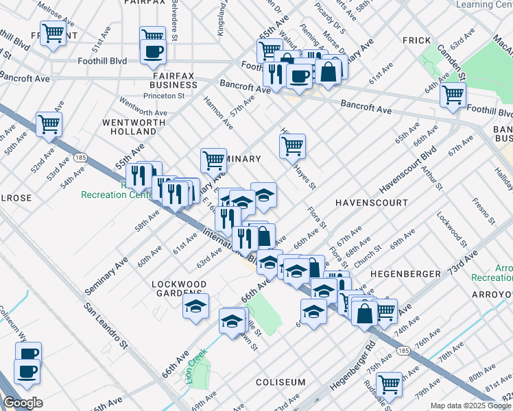 map of restaurants, bars, coffee shops, grocery stores, and more near 1754 62nd Avenue in Oakland