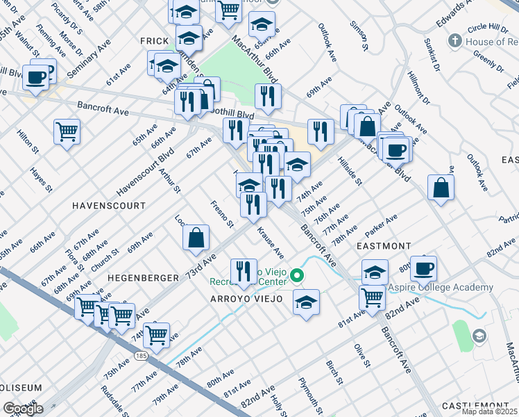 map of restaurants, bars, coffee shops, grocery stores, and more near 2381 73rd Avenue in Oakland