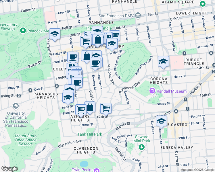 map of restaurants, bars, coffee shops, grocery stores, and more near 1870 Delmar Street in San Francisco