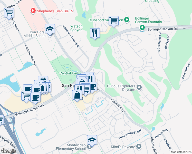 map of restaurants, bars, coffee shops, grocery stores, and more near 510 Canyon Woods Circle in San Ramon