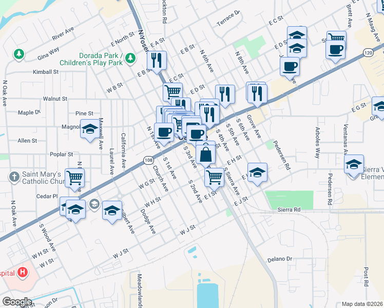 map of restaurants, bars, coffee shops, grocery stores, and more near 151 South 3rd Avenue in Oakdale