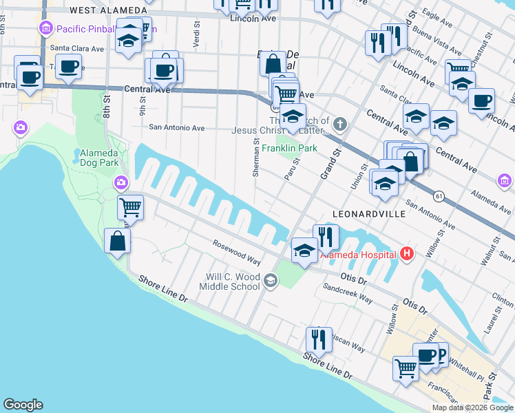 map of restaurants, bars, coffee shops, grocery stores, and more near 1000 Sherman Street in Alameda