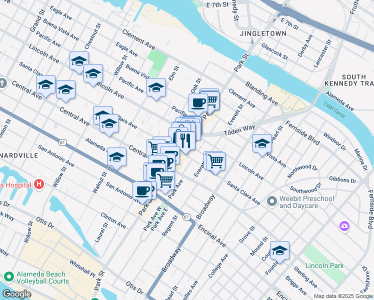 map of restaurants, bars, coffee shops, grocery stores, and more near 2414 Webb Avenue in Alameda