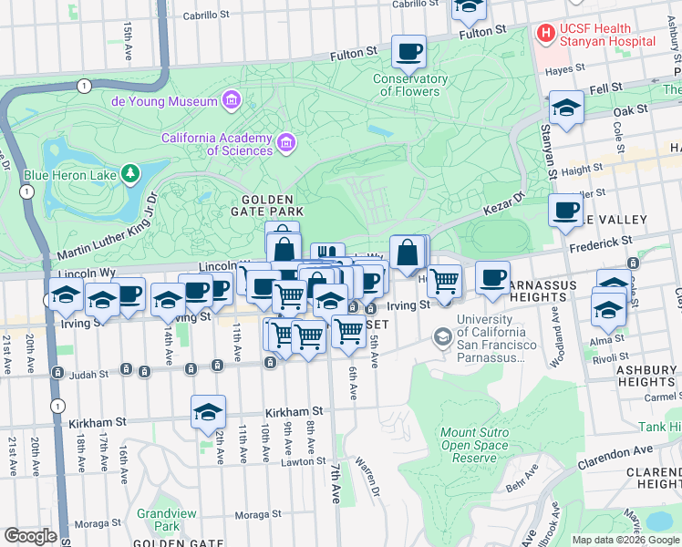map of restaurants, bars, coffee shops, grocery stores, and more near 1234 6th Avenue in San Francisco