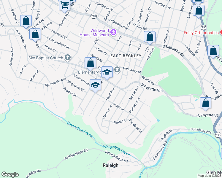 map of restaurants, bars, coffee shops, grocery stores, and more near 105-111 Mool Avenue in Beckley
