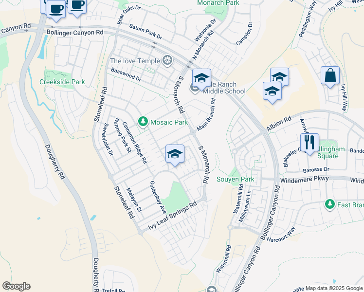 map of restaurants, bars, coffee shops, grocery stores, and more near 3045 Blackberry Avenue in San Ramon