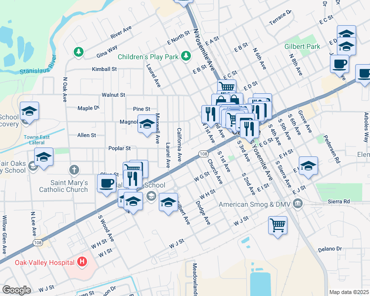 map of restaurants, bars, coffee shops, grocery stores, and more near 333 Poplar Street in Oakdale