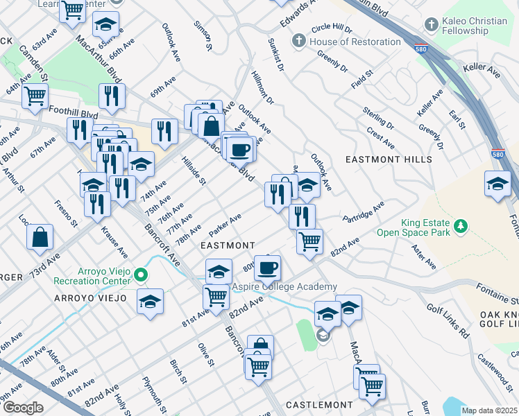 map of restaurants, bars, coffee shops, grocery stores, and more near 2745 Parker Avenue in Oakland