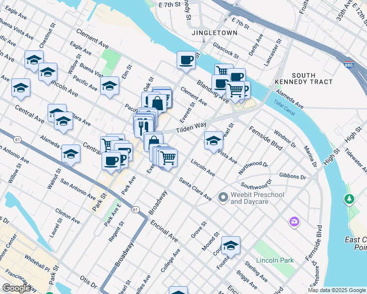 map of restaurants, bars, coffee shops, grocery stores, and more near 2521 Lincoln Avenue in Alameda