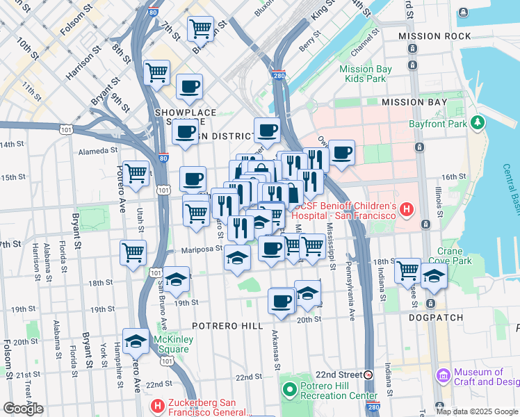 map of restaurants, bars, coffee shops, grocery stores, and more near 75 Arkansas Street in San Francisco
