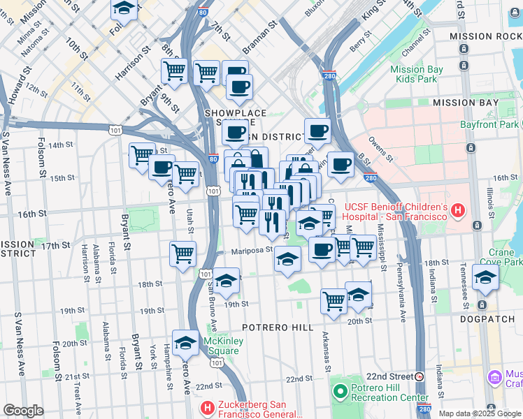 map of restaurants, bars, coffee shops, grocery stores, and more near 352 De Haro Street in San Francisco