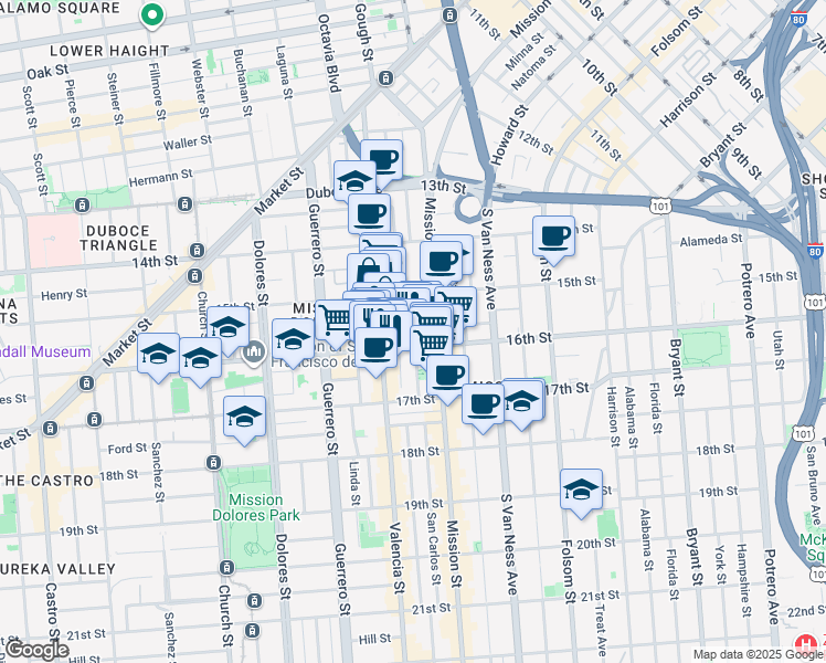 map of restaurants, bars, coffee shops, grocery stores, and more near 173 Julian Avenue in San Francisco