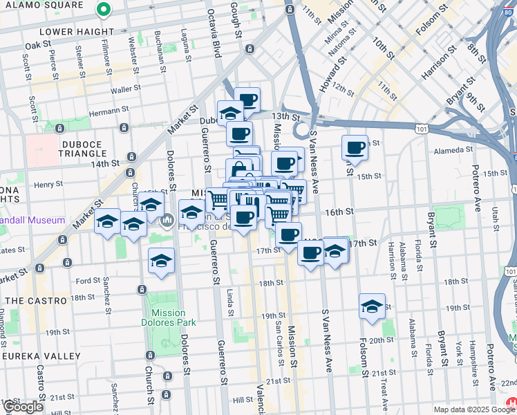 map of restaurants, bars, coffee shops, grocery stores, and more near in San Francisco
