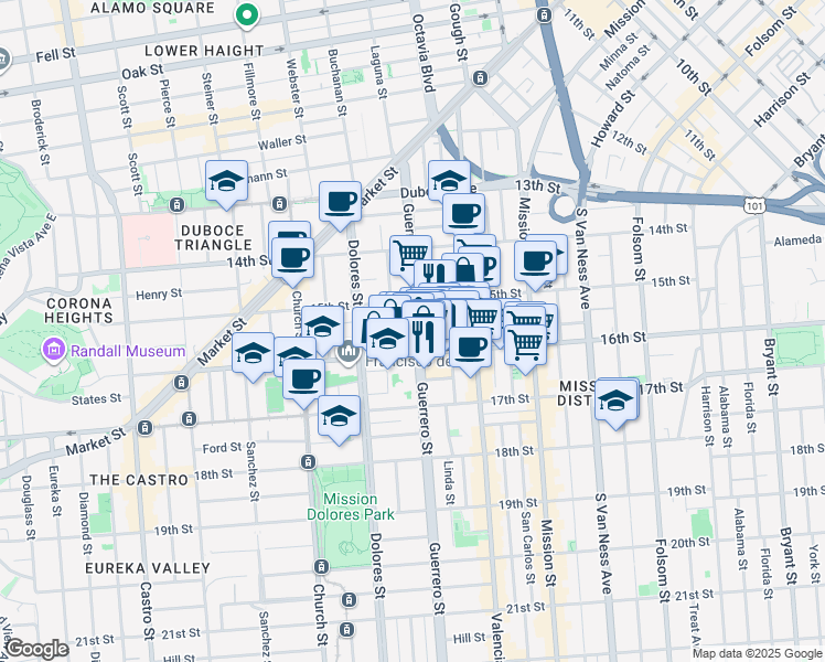 map of restaurants, bars, coffee shops, grocery stores, and more near in San Francisco