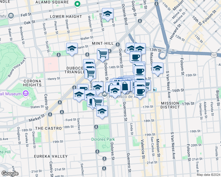 map of restaurants, bars, coffee shops, grocery stores, and more near 259 Dolores Street in San Francisco