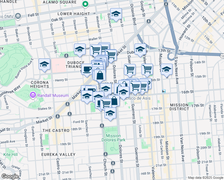 map of restaurants, bars, coffee shops, grocery stores, and more near 240 Dolores Street in San Francisco
