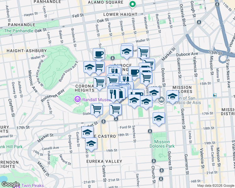 map of restaurants, bars, coffee shops, grocery stores, and more near 200-204 Noe Street in San Francisco