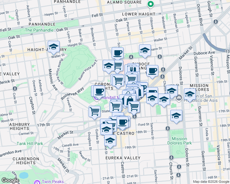 map of restaurants, bars, coffee shops, grocery stores, and more near in San Francisco