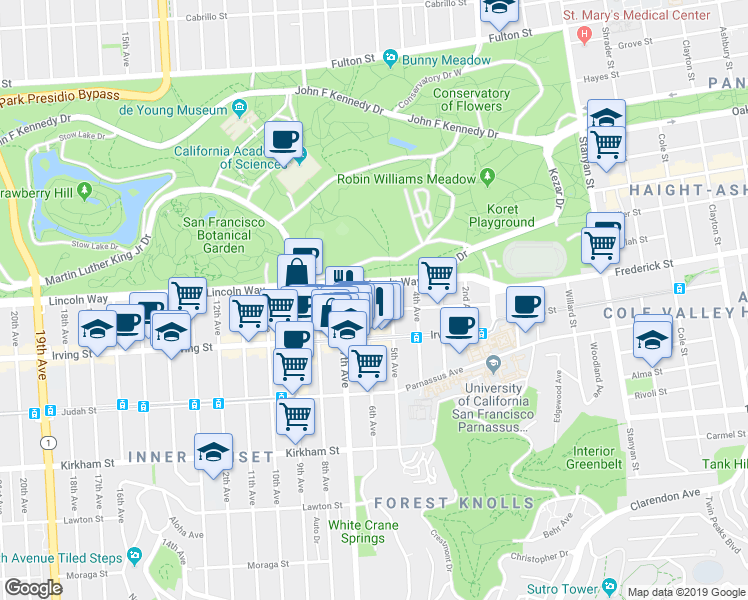 map of restaurants, bars, coffee shops, grocery stores, and more near 1234 6th Avenue in San Francisco