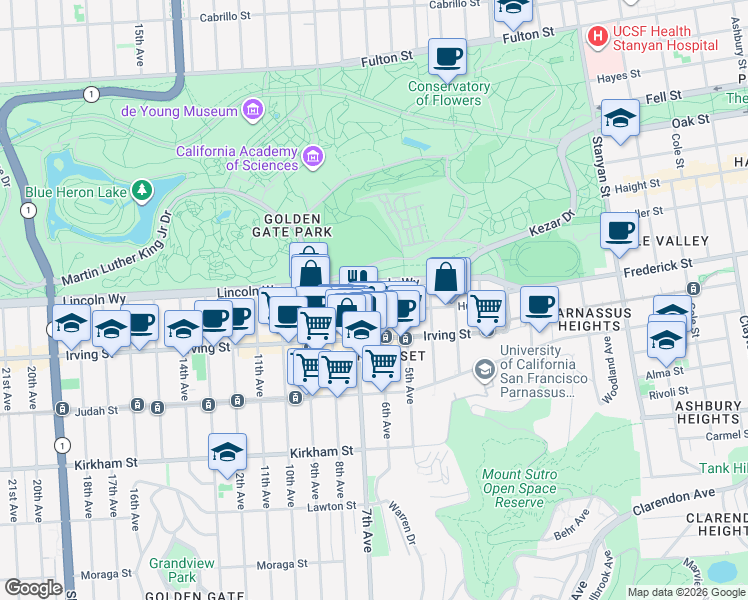 map of restaurants, bars, coffee shops, grocery stores, and more near 1234 6th Avenue in San Francisco